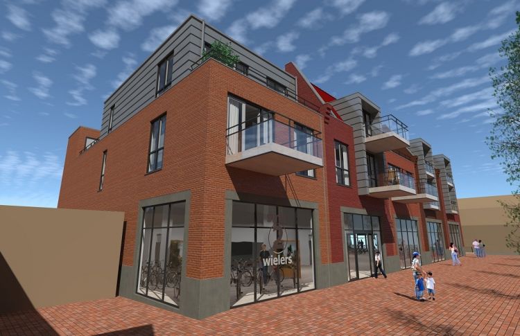 Nieuwbouw winkel Smit Tweewielers met 12 appartementen.