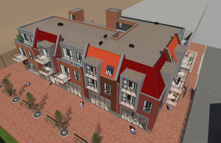 Nieuwbouw winkel Smit Tweewielers met 12 appartementen.