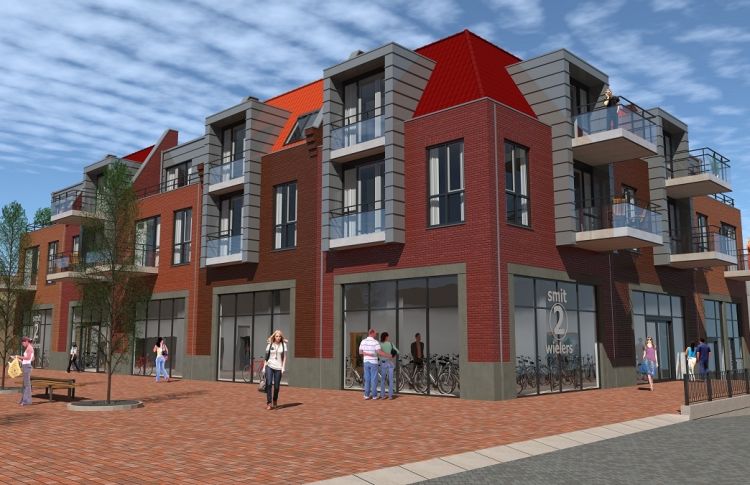 Nieuwbouw winkel Smit Tweewielers met 12 appartementen.